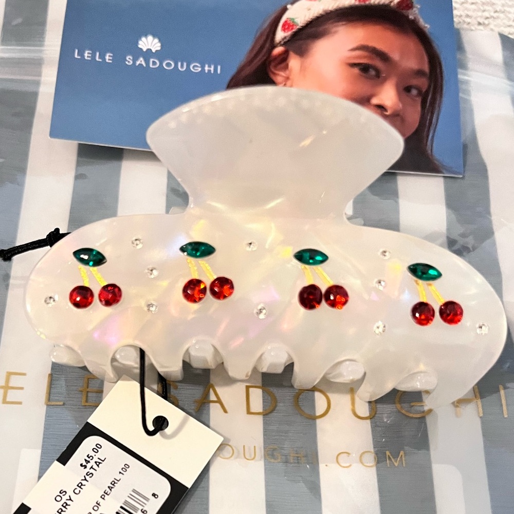 LELE SADOUGHI NWT AUTHENTIC MOTHER OF PEARL VERY CHERRY CRYSTALS HAIR CLIP